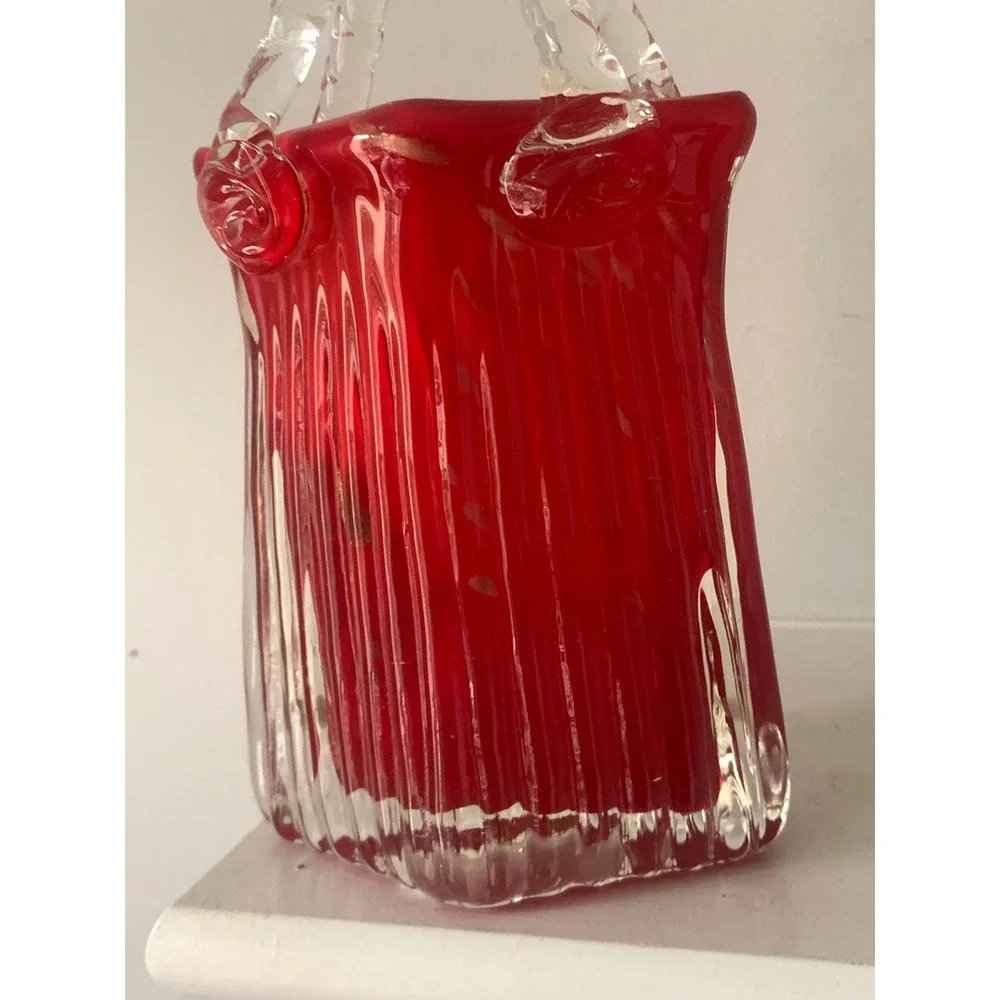 Hand Blown Red Glass Purse Vase Gold‎ Aventurine Flecks Ribbed Art Glass Handbag